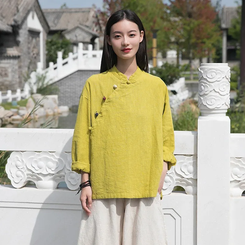 Herbst Winter Neue Chinesische Sle frauen irt Stehkragen Asymmetrische Saum Patchwork Farbe Baumwolle Leinen Zen Tee Kleidung