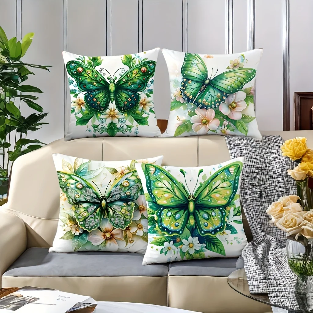 Juego  4 fundas  almohada nuevas con diseño  patrón que incorpora mariposas y otros elementos, en tonos vers como color