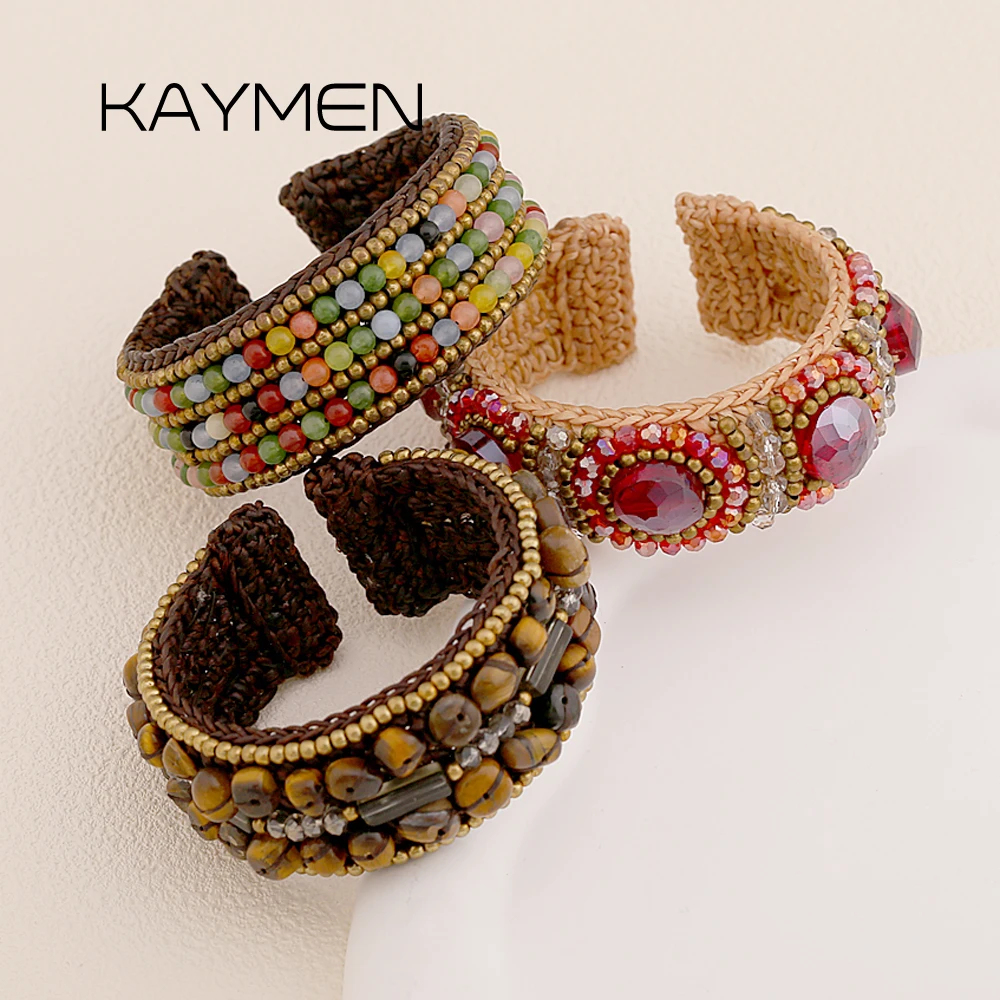 New Trendy Intricate Handcrafted Crystals Cuff Bracelets Luxury Statement Cunky Bohemia Bangle for Women Teens Personality