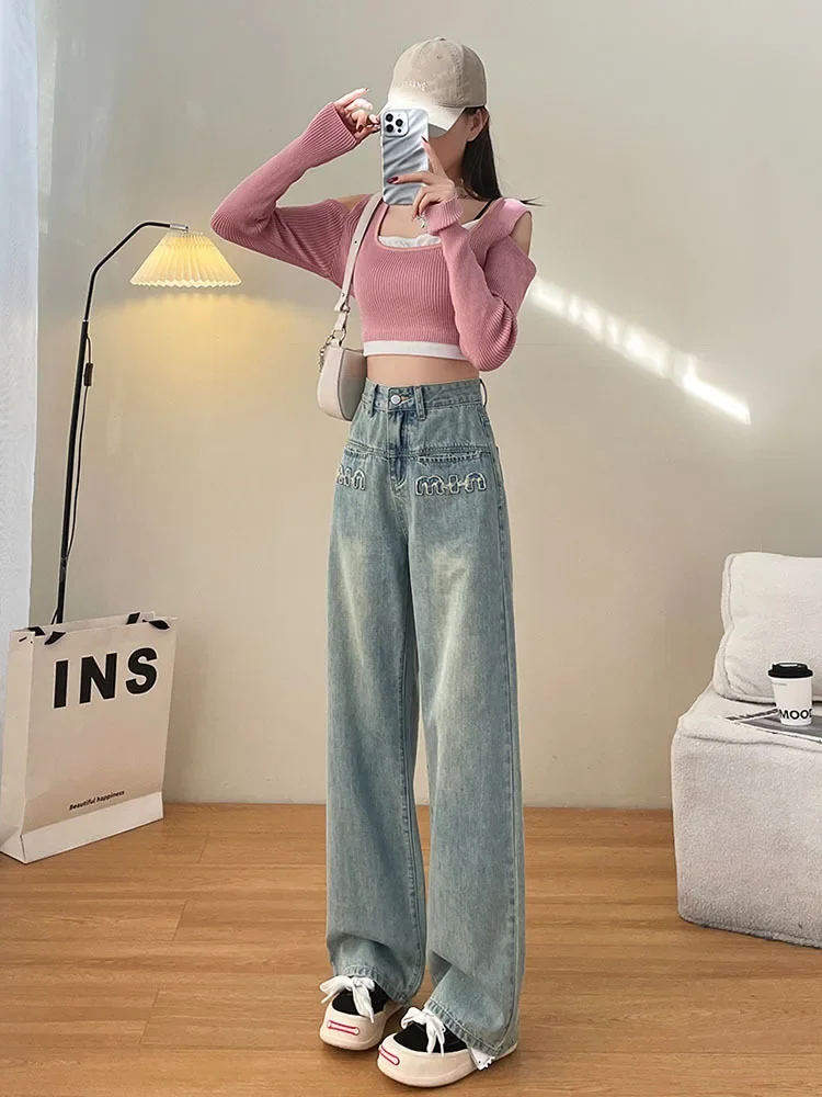 Letter Wide-Leg Jeans Summer Autumn Thin 2024 New High Waist Straight Mop Pants