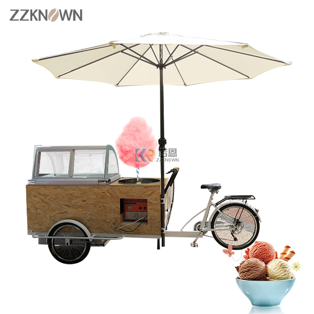 

2023 Customize Europe Food Cart Bike Cotton Candy Floss Machine Ice Cream Showcase Drinks Food Vending Carts for Sale