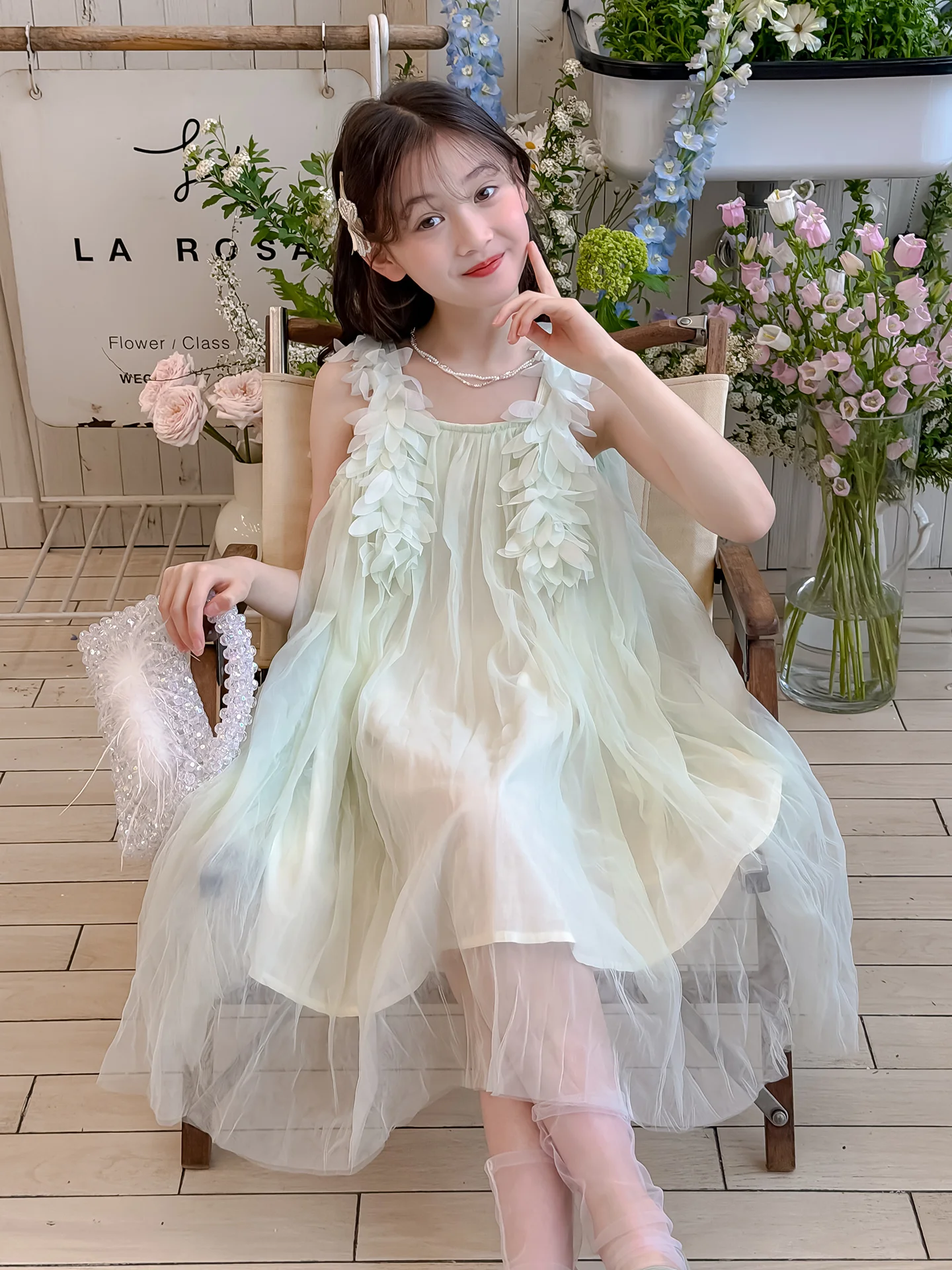 

Girls Sleeveless Vest Summer Dress Fairy Tale Princess Style with Mesh Skirt Sweet Children's Fashionable Clothing