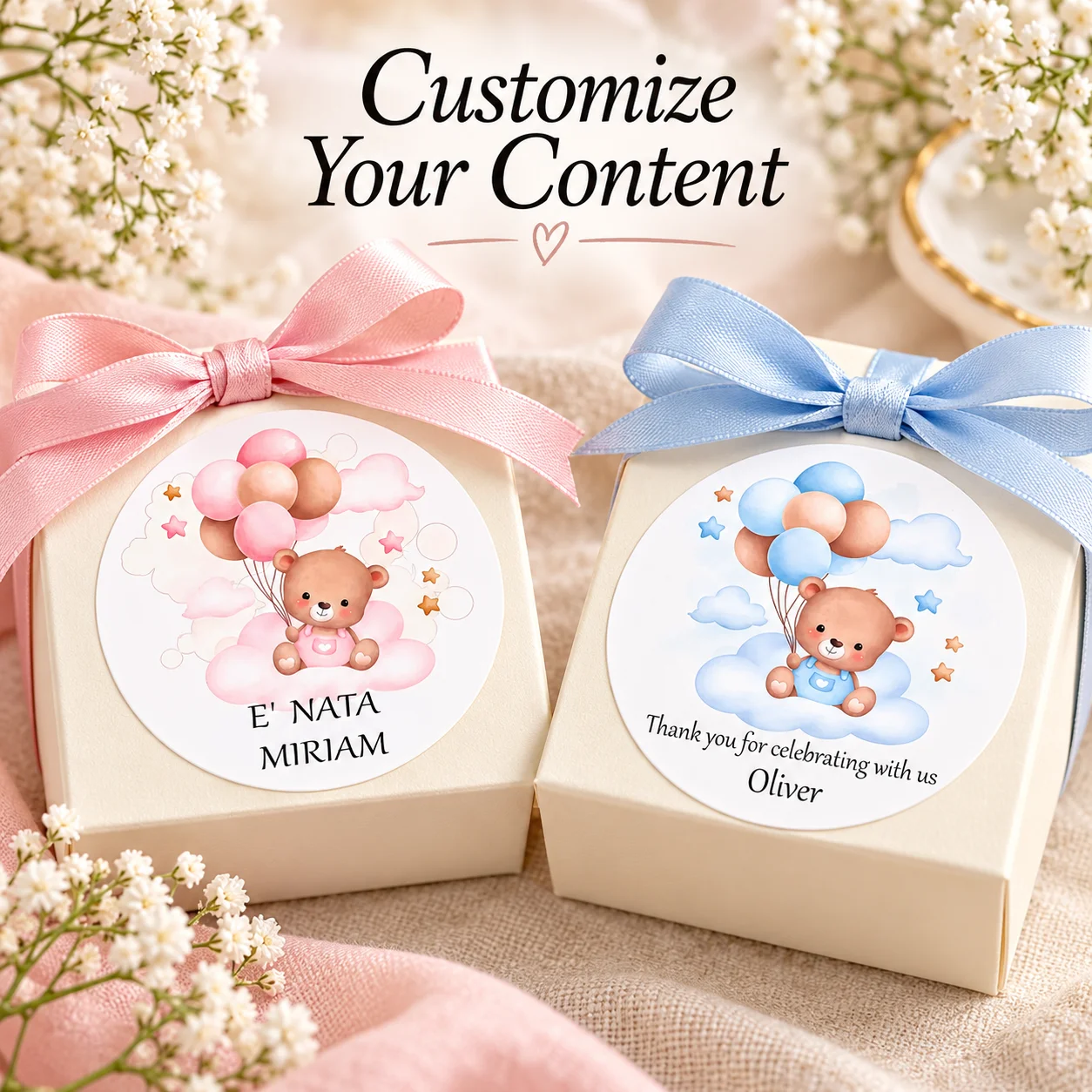 Customized Round Bear Balloon Stickers, Available in Pink and Blue with Cloud and Star Designs, Can Be Customized with Names and Messages, Suitable for Welcome Parties, Birthday Celebrations, Candy Bags, Gift Boxes, and Envelope Seals, Adding a Warm and Ceremonial Touch to Every Gesture of Kindness view 6
