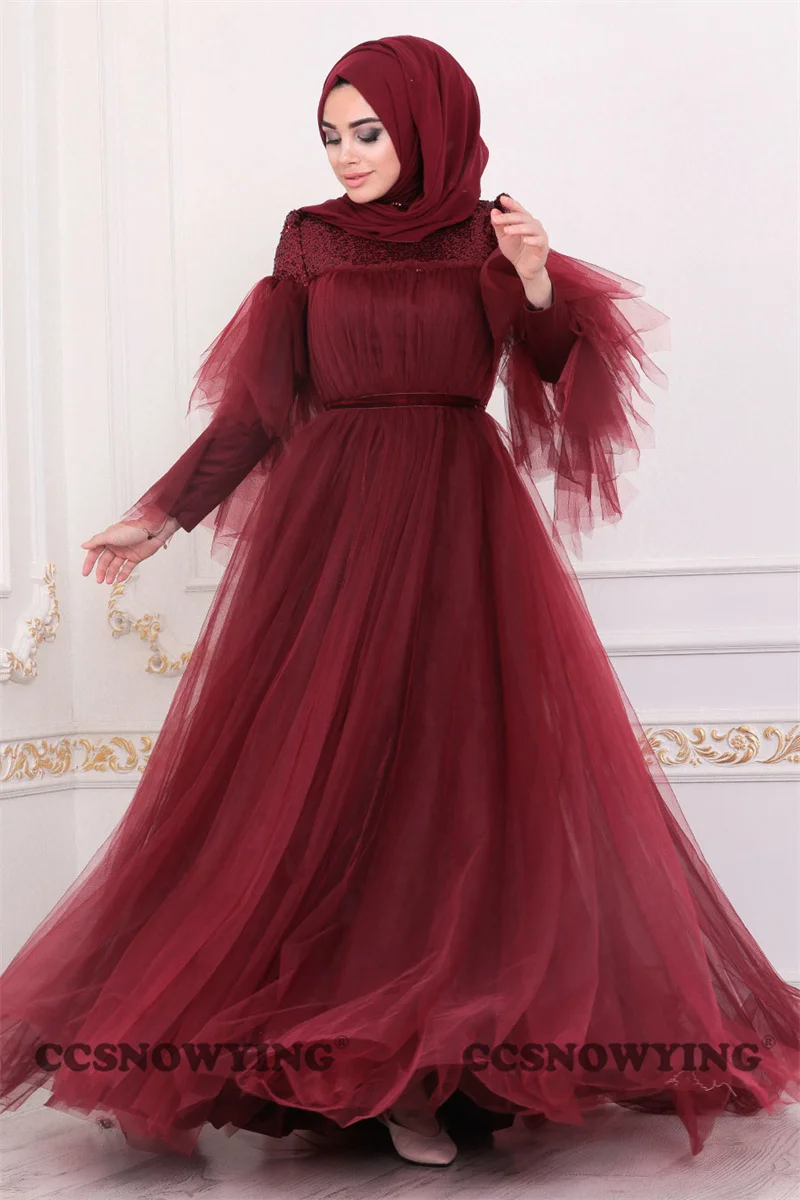 

Tulle Sequin Muslim Evening Dress Long Sleeve High Neck Hijab Islamic Formal Party Gown Arabia Dubai Kaftan Robes De Soirée