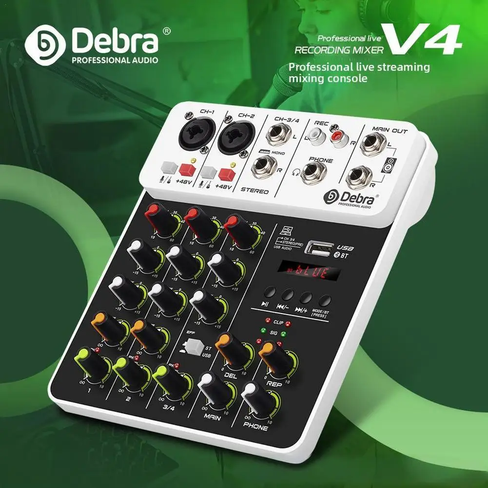 

Портативная консоль-микшер Debra V4 DJ, 4-канальный аудиомиксер 48 В, фантомное питание, USB со звуковой картой для записи пения на ПК