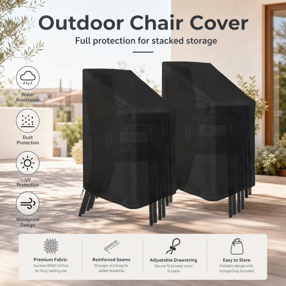 Stacking Outdoor Chair Cover Waterproof, 210D Rain Snow Dust Wind-Proof, Anti-UV, Outdoor Garden Yard Chair Cover