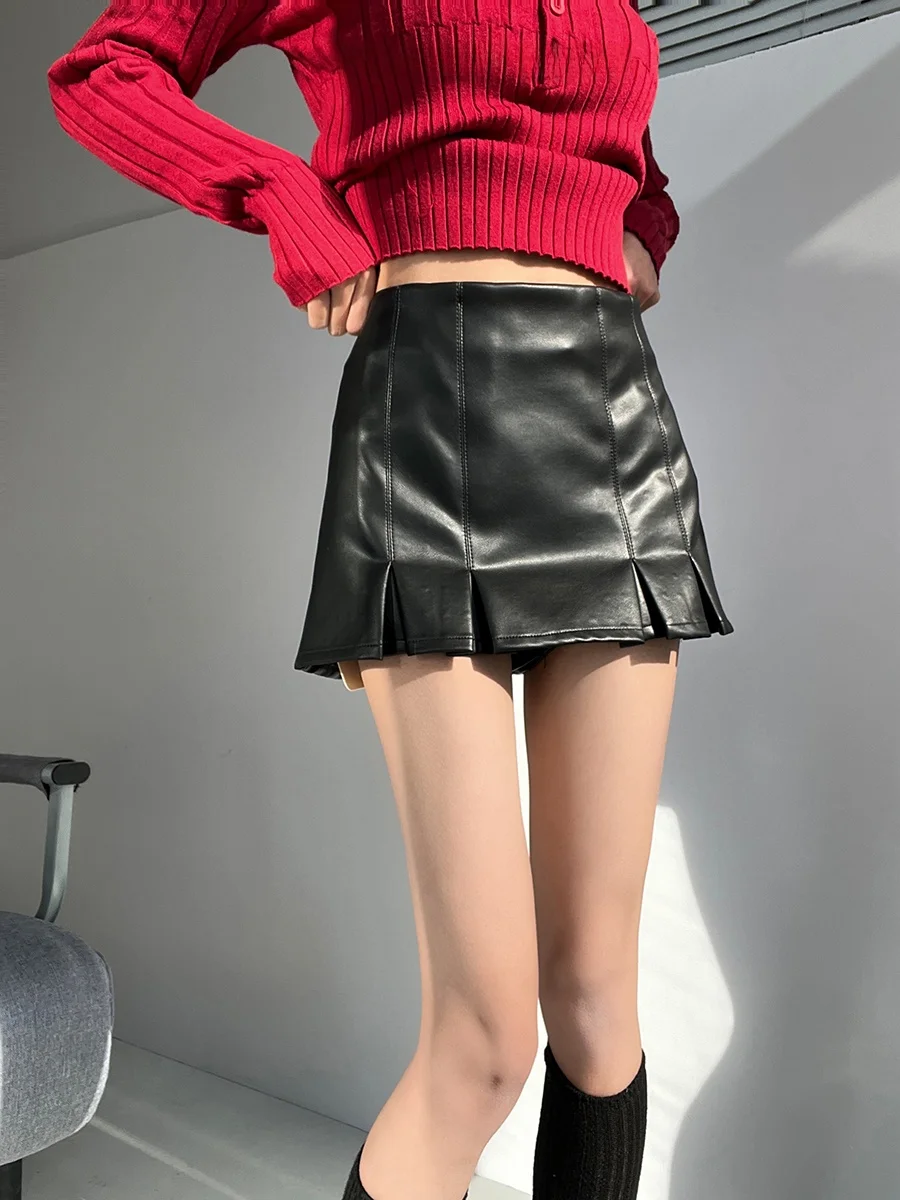 Sexy Low Waist Pink Pleated  Skirt Women's A-Line Half Skirt PU Leather Skirt Pants Cotton Village Brand Pure Color