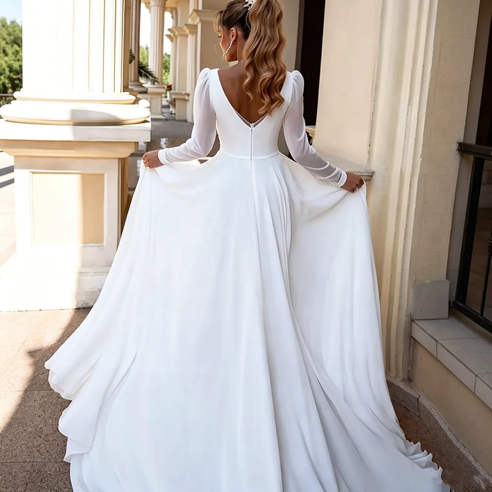Elegant Long Sleeve Chiffon A-Line Wedding Dress Deep V Neck Backless Bridal Gown Floor Length Simple Wedding Dresses For Women