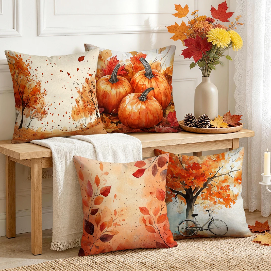 Autumn Maple Leaves Watercolor Painting Cushions Pillowcase Polyester Cushion Cover Throw Pillow Pillowcover Home Car Sofa Decor