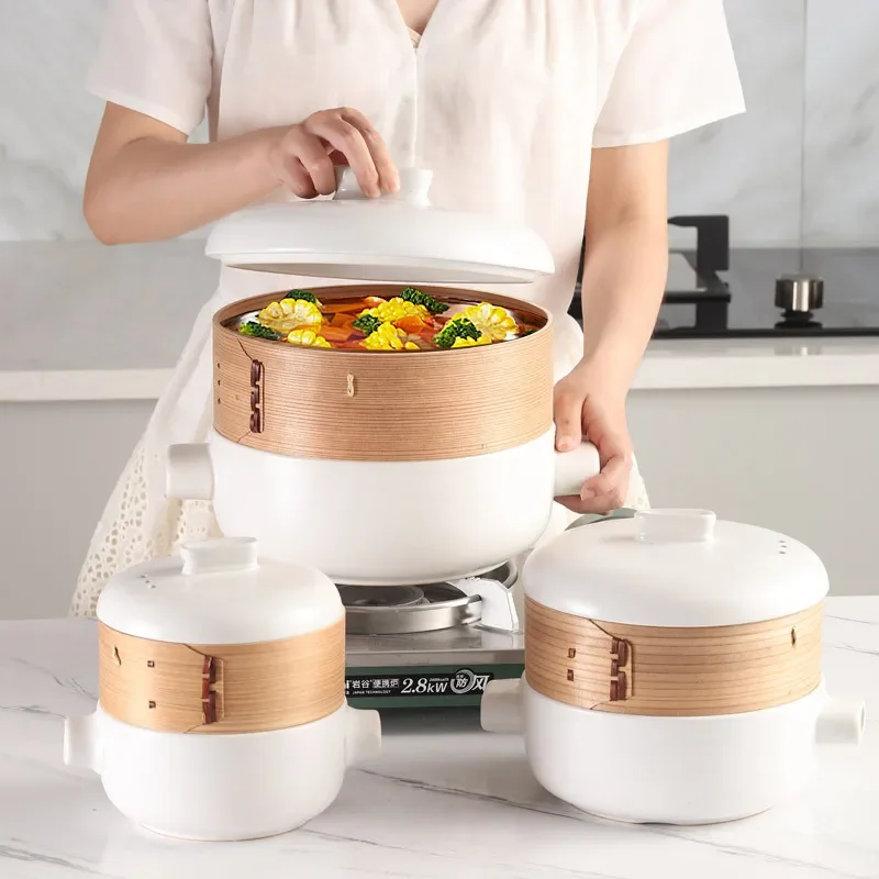 Japanese Style Steamer Casserole With Steamer Drawer Soup Pot Stew Pot Bamboo Multilayer Hotel Household Ceramic Casserole ZB182