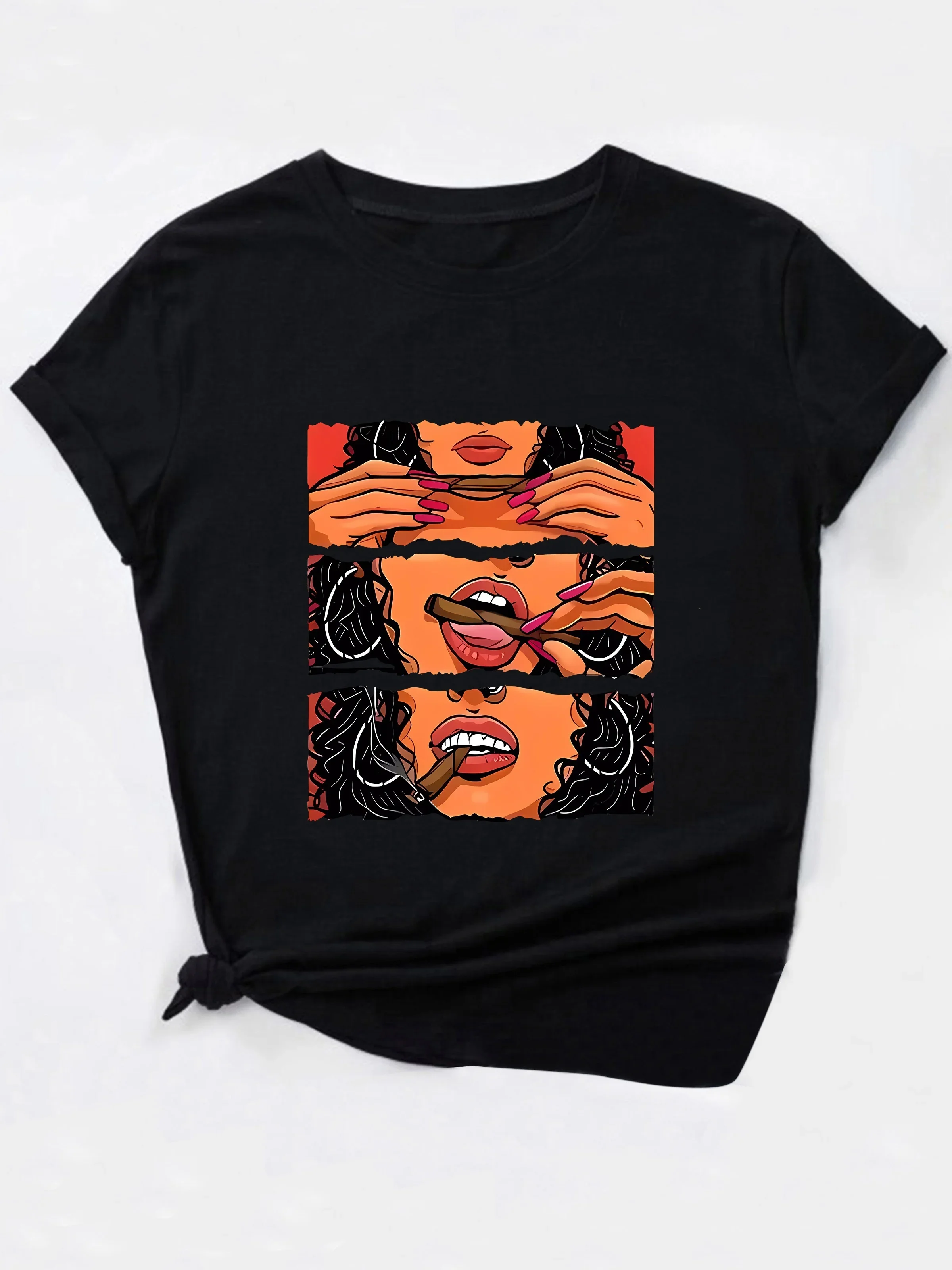 Cigar Lip Print Women's T-shirt Casual Breathable Street Crew-neck Short Sleeve Y2K Fashion Clothing Summer Harajuku Clothes