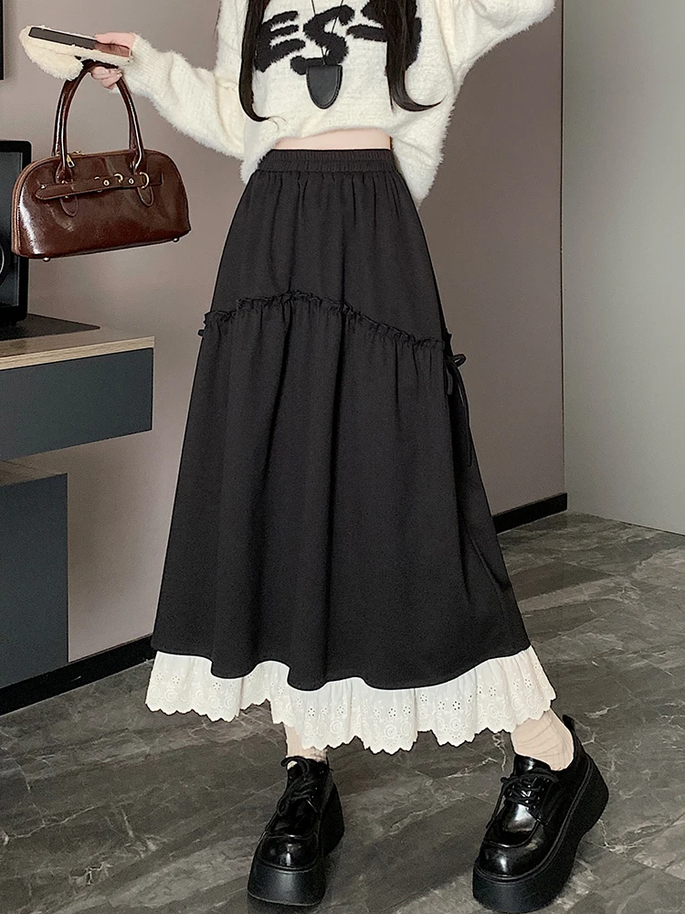 Women elastic high waist slimming medium length A-line skirt autumn winter new lace splicing kintted  tweed long skirt