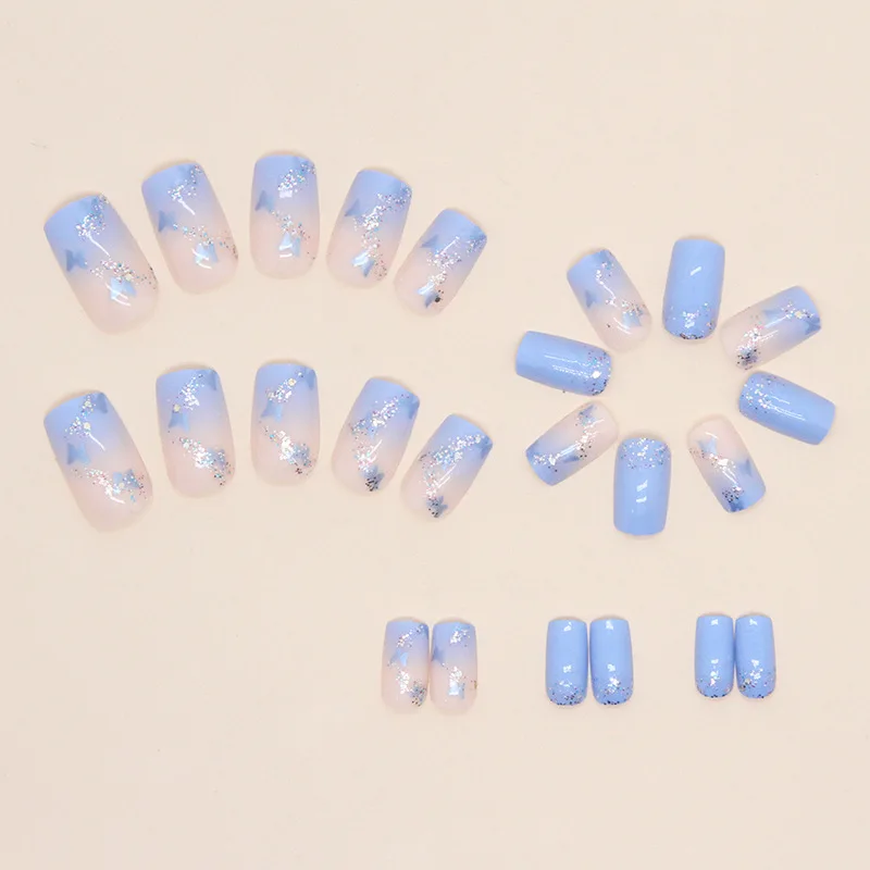 24 pieces of short square French Fresh butterfly fingernail with 1 file and 1 piece of jelly glue