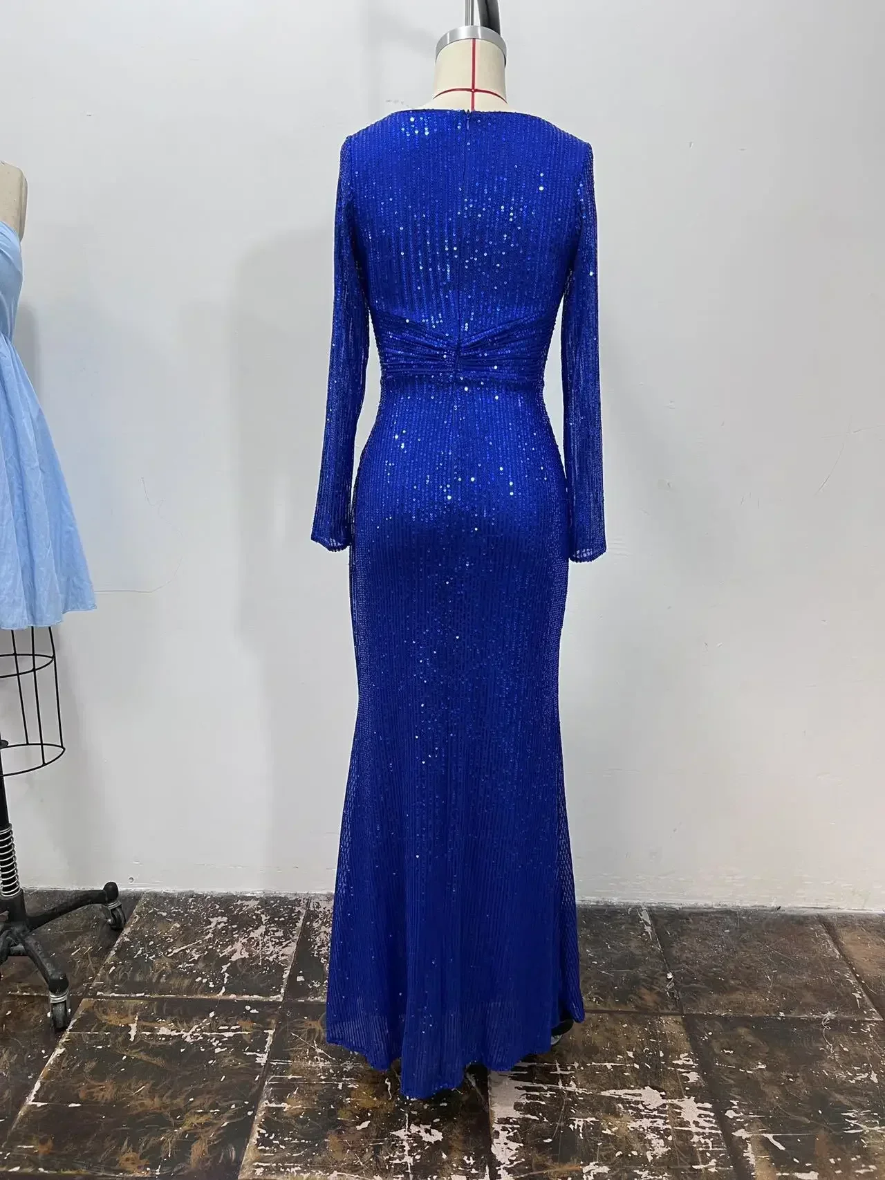 Damen-Abendkleid mit V-Ausschnitt und Pailletten, langen Ärmeln, elegantes Abendkleid für Hochzeit, Party, Brautjungfer, Abschlussball, formelles Promi-Kleid