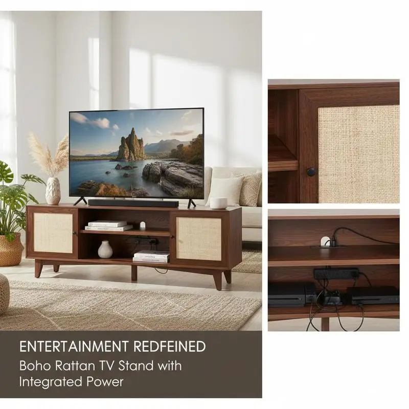 Walnut TV Console 63inch For Living Room Media Room Bedroom, Natural Rattan Door Integrated Power Outlet Wood Grain Texture Dual Storage Shelves Mid-Century Modern Style Furniture
