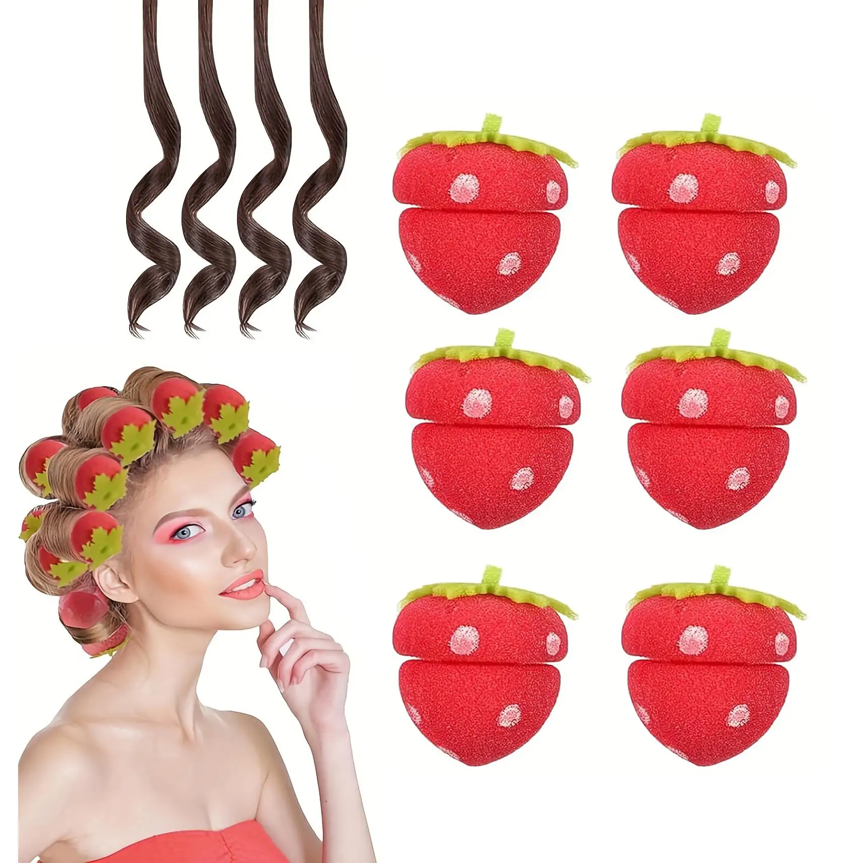 

6-Pack, Strawberry Shaped Sponge Curling Iron Set, DIY Hair Styling Tools, Foam Curling Irons for Women