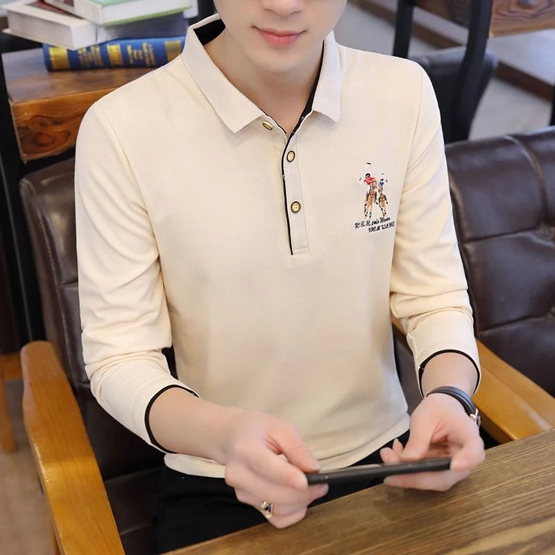 

Мужская рубашка-поло с длинным рукавом, весенне-осенняя тонкая повседневная модная футболка для молодых мужчин, модная базовая футболка