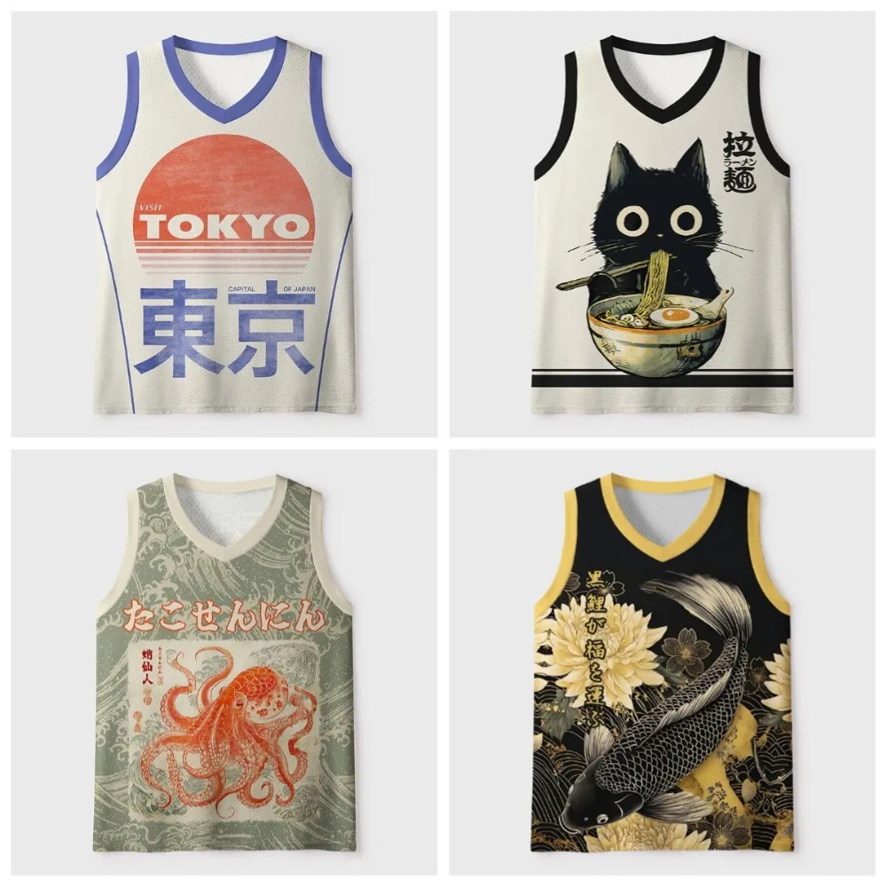 Japanese-style Ukiyo-e Paintings 3D Printing Men's V-Neck Vests - Casual Outdoor Sports Cloth with Breatha and Quick-Drying Top