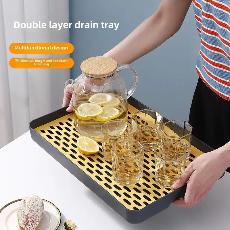 سميكة طبقة مزدوجة البلاستيك الإبداعية طويلة مستطيل صينية الشاي متعددة الوظائف حامل الكأس كأس استنزاف صينية ديكور المنزل