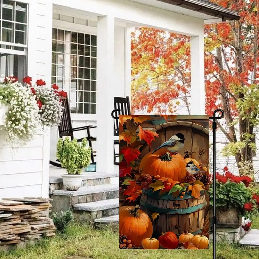 RABUSOFA Fall Thanksgiving Garden Flag 12x18 Inch Double Sided for Outside | Autumn Bird Harvest Barrel Pumpkins Maple Leave uui