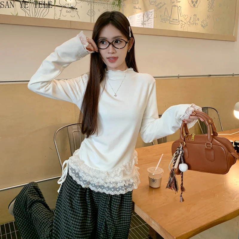 

Korean Sweet Lace Ruffled Panel Round Neck Long Sleeve Slim T-shirt for Women Autumn Winter Base Slim Fit Half High Collar Top