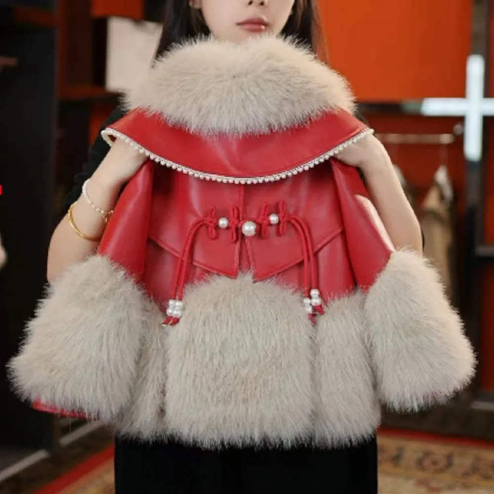 أطفال بنات معطف الفرو الخريف والشتاء 2026 نمط جديد للأطفال المخملية سميكة الأحمر السنة الجديدة العبادة معطف سترة جلدية
