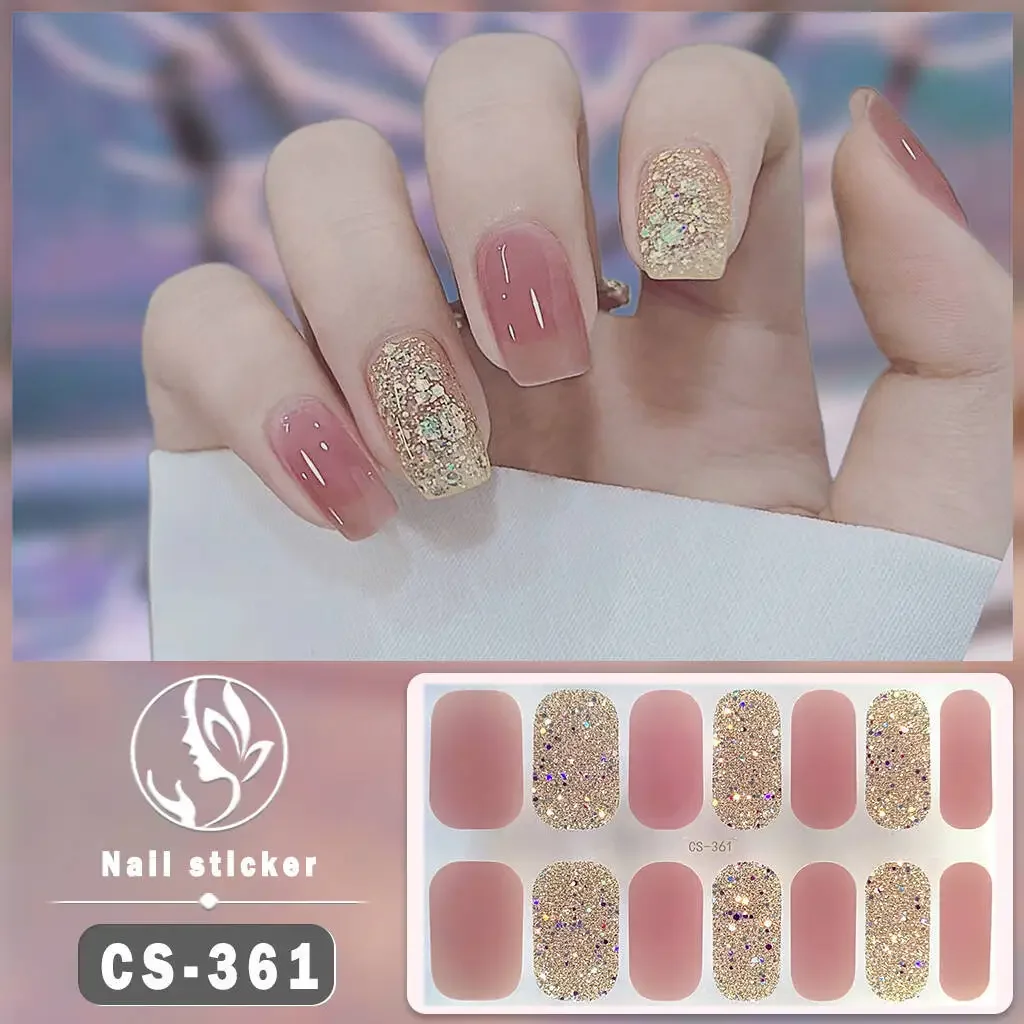 14Tips Nail Stickers Nude Color Adhesive Glitter Foil Waterproof Full Cover Nail Wraps DIY Manicure Arts Decals