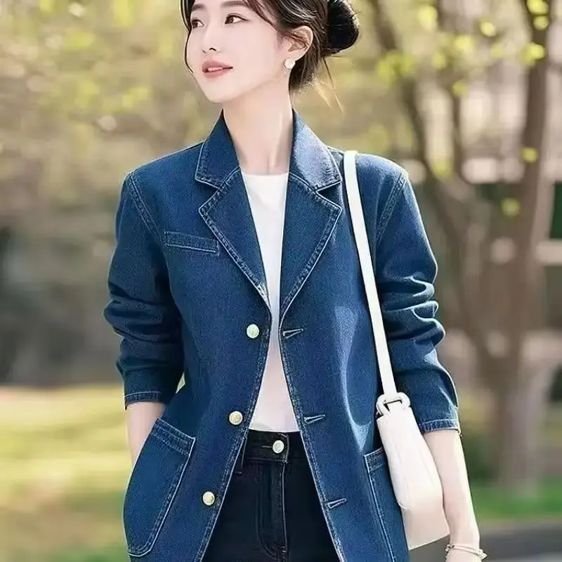 

2025 весенне-осенний новый модный джинсовый женский пиджак с длинными рукавами, офисный повседневный пиджак, женская тонкая рабочая женская верхняя одежда, топы