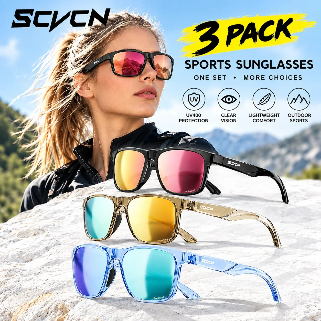 Confezione da 3 occhiali da sole polarizzati SCVCN per uomo e donna, nuovi occhiali sportivi da esterno per ciclismo, bici, MTB, strada, arrampicata, occhiali da trekking per donna, occhiali