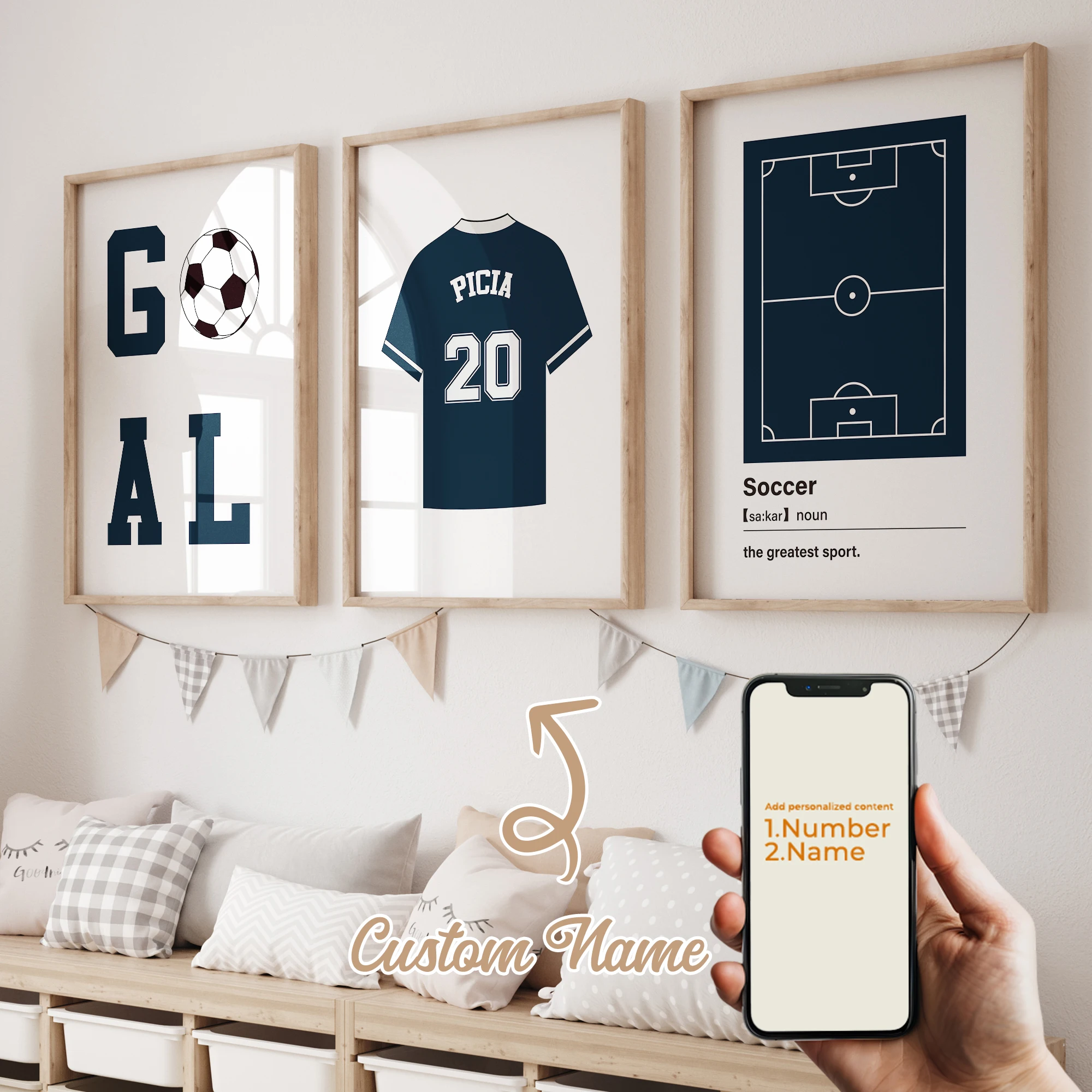 3 Stück Personalisierte Benutzerdefinierte Cartoon-Fußball-Wandkunst Druckbild Leinwand-Poster Gemälde für Wohnzimmer Kinderzimmer Heimdekoration