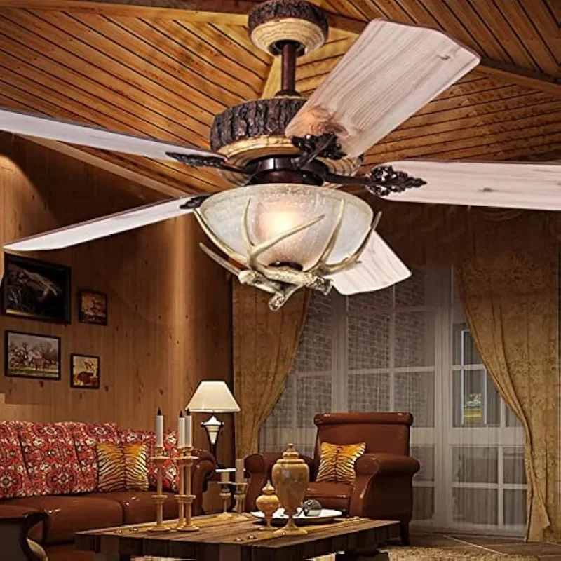 Lights and Remote, Modern Chandelier Fan Light, Indoor Cabin Electrical Fan with 5 Wood Blades for Hunting, Farmhouse