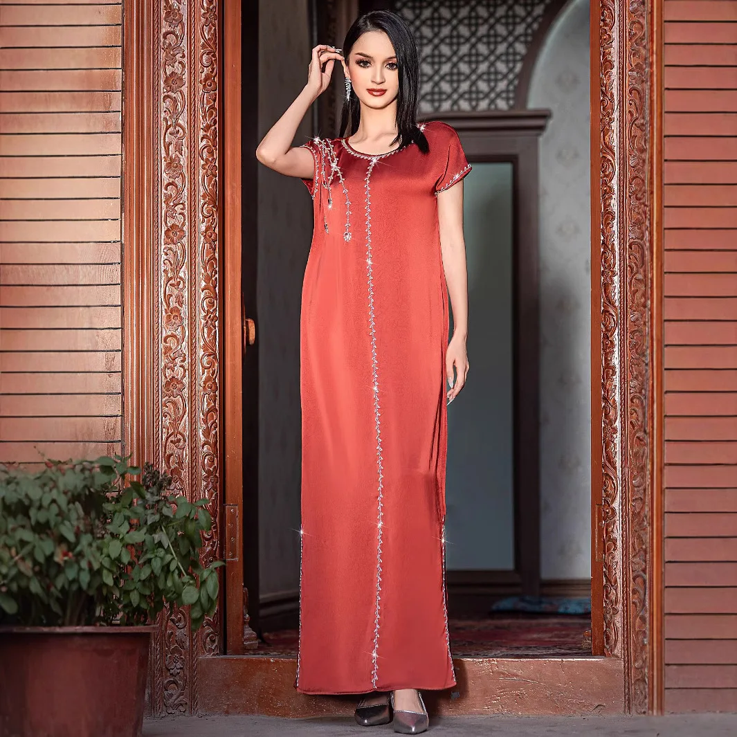 

2025 г., женские повседневные модные кирпично-красные бриллианты с круглым вырезом и короткими рукавами, свободные прямые платья, женская одежда Абая