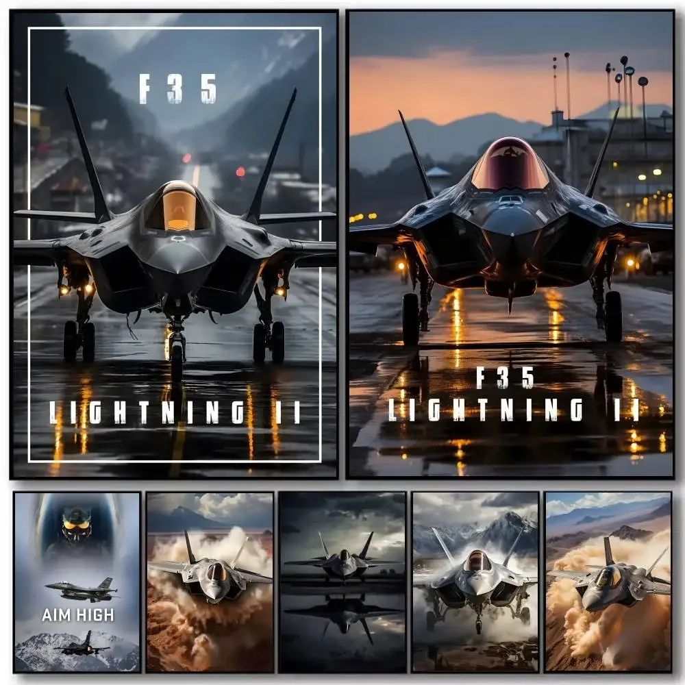 Modern Military Airplane F35 Fighter Lightning Jet Starting   Poster and Prints Wall Art Pictures for Modern Bedroom Home Decor