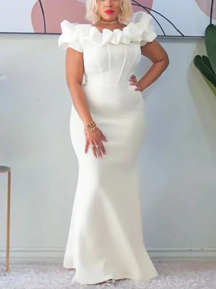 

Elegant Women Long Evening Dresses Ruched Off Shoulder Slim Bodycon Mermiad White Dress Formal Party Wedding Guest Gown