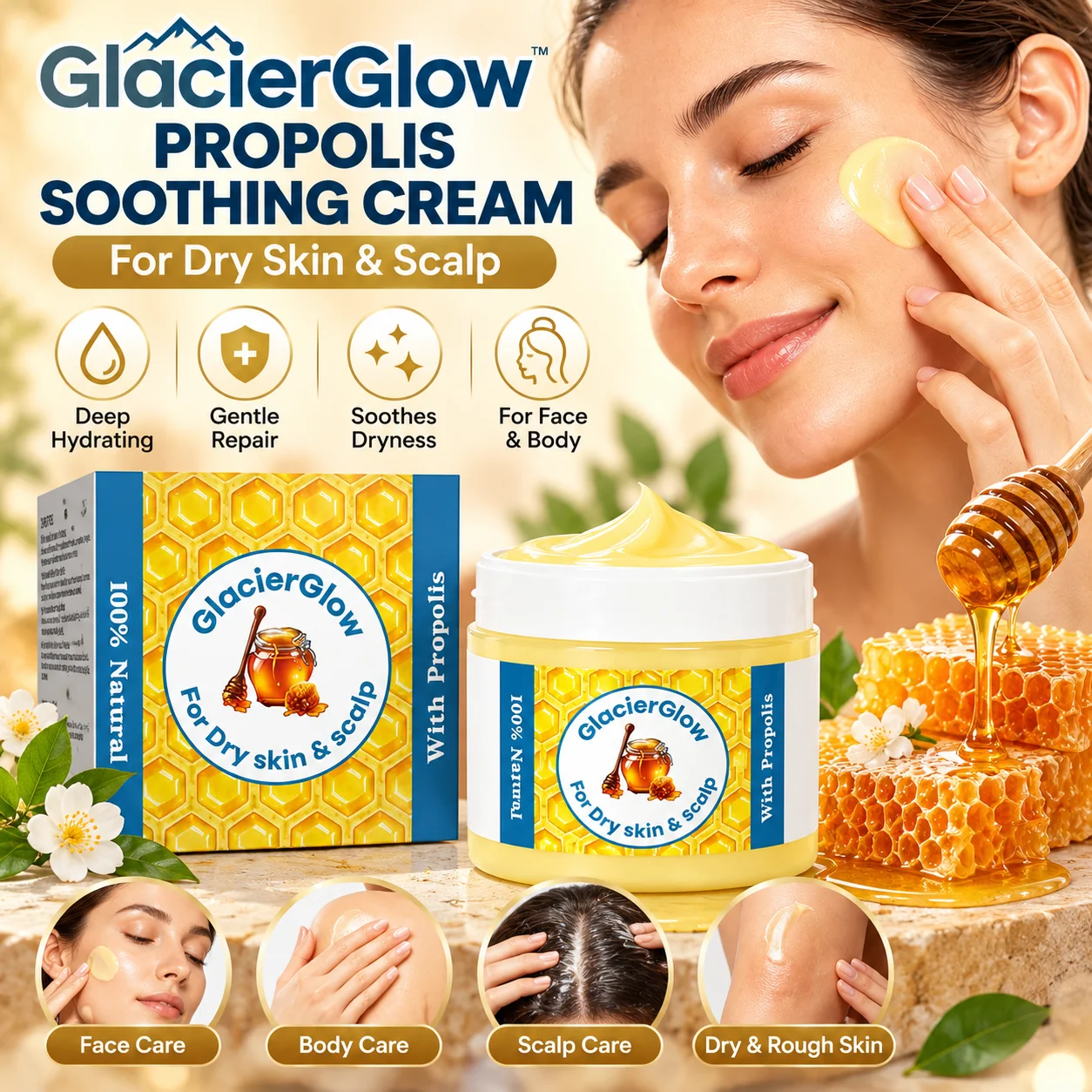 GlacierGlow Propolis Soothing Cream for Dry Skin & Scalp Deep Hydrating Moisturizing Gentle Repair Massage Cream for Face Body