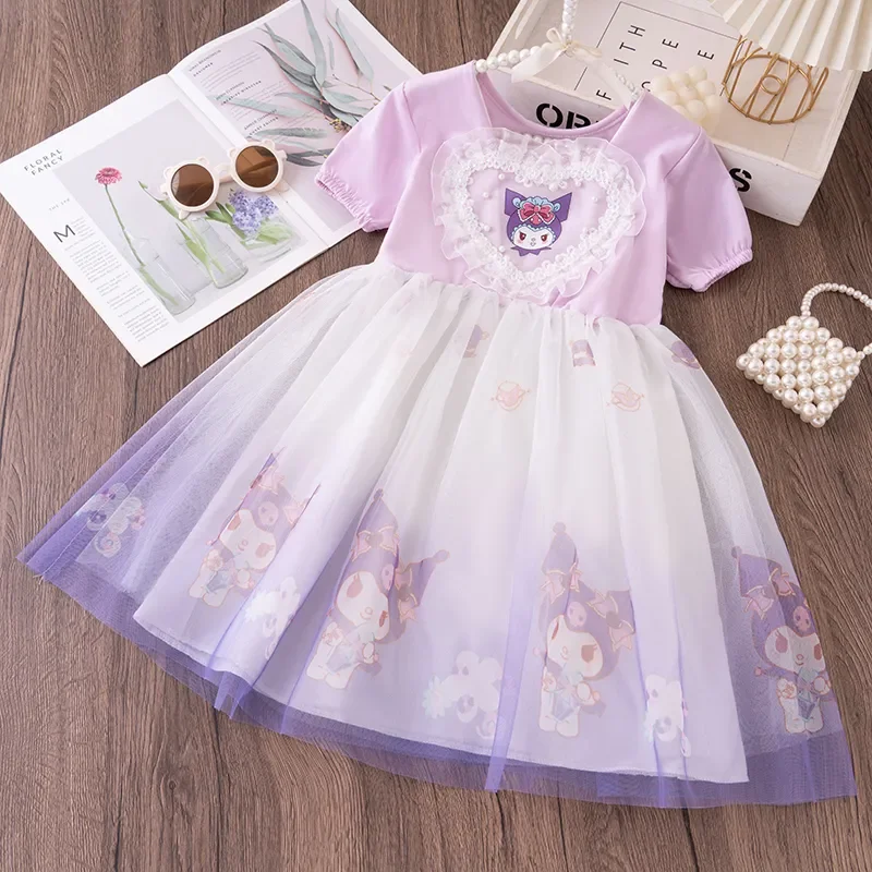 

2024 Summer Children Dresses Baby Girls Clothes Sanrio Kuromi MY MELODY Short Sleeves Mesh Princess Dress Kids Clothing Vestidos