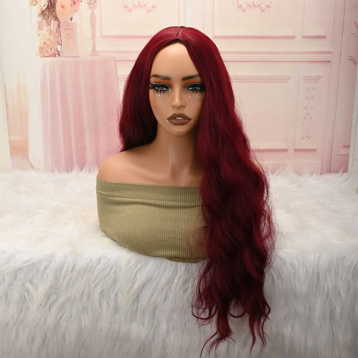 Wine Red Long Wavy Wig, Natural Middle Part Synthetic Wig for Women Halloween Costume Club Dating Wear