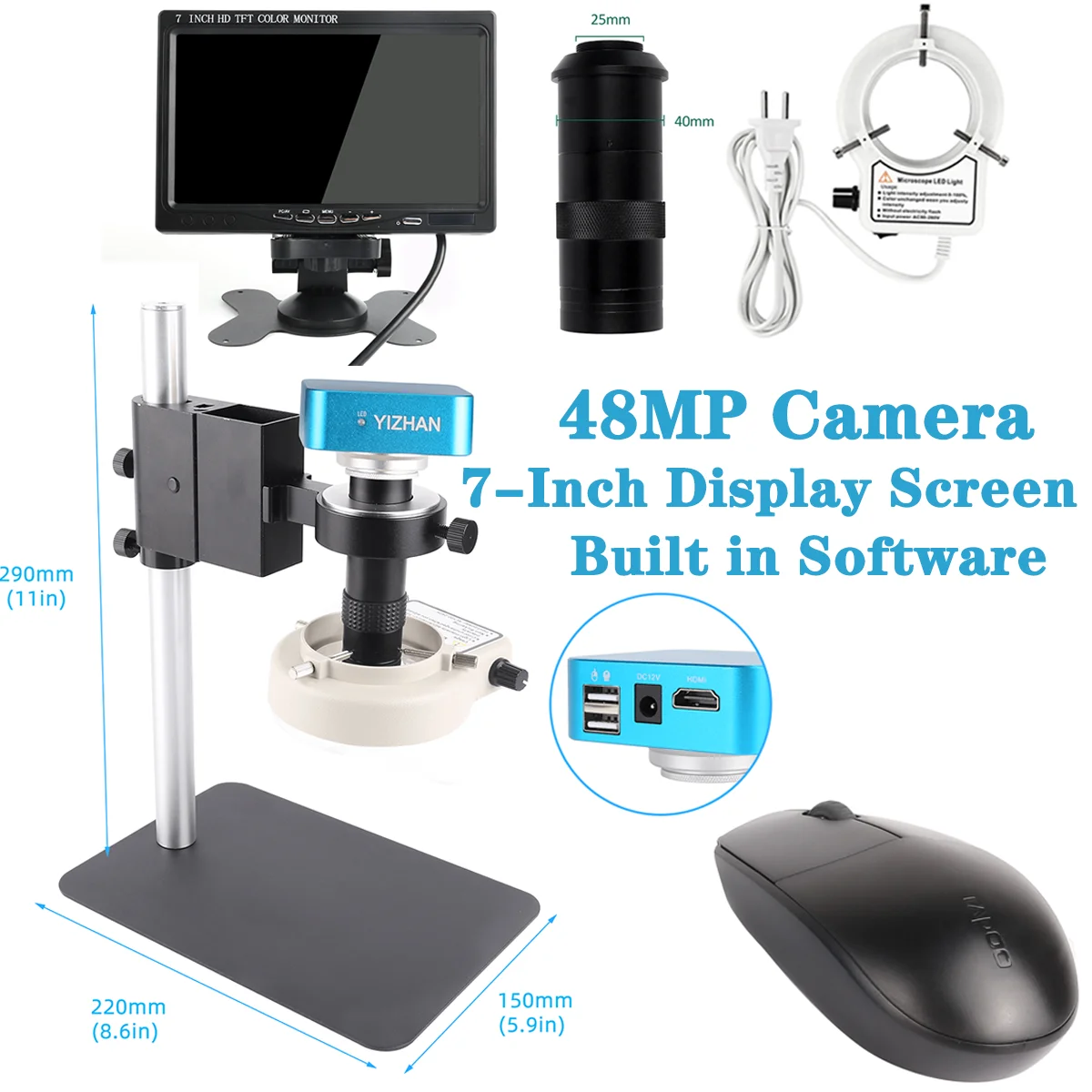 48MP Microscope HDMI Digital Sony Sensors Camera 130X HD VGA Industrial Mouse Adjustable Bracket Welding Built In Software