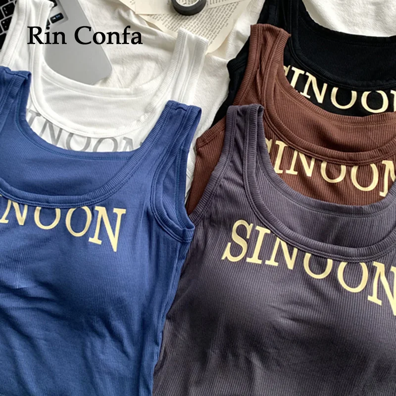 

Rin Confa Women Knitting Tops Fashion Letter Printing With Chest Pad Tank Top Summer Multicoloured All-Match Slim Thin Top Women