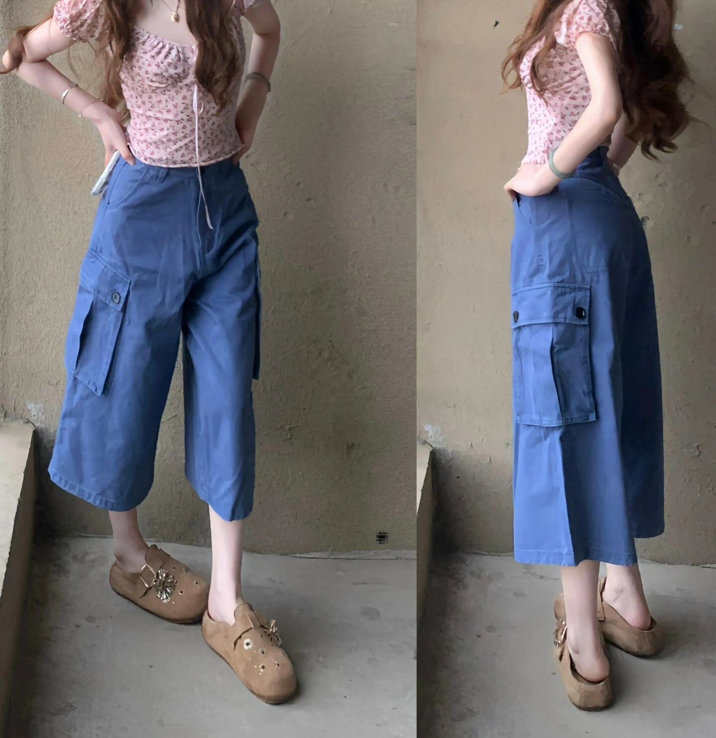 Retro Blue Tooling Shorts Women's Summer Loose Wide-leg Medium Pants Seven-point Casual Pants
