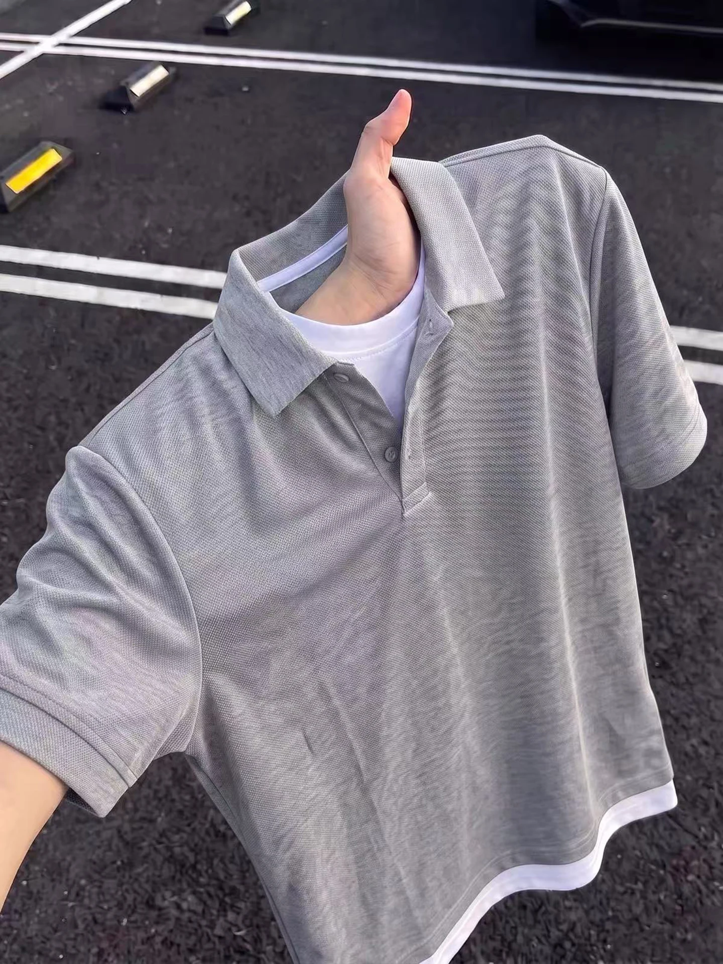 Casual Patchwork Short Sleeve  Shirt Men's Summer Heavyweight T-Shirt Half Sleeve Cleanfit Flip Collar Micro Stretch