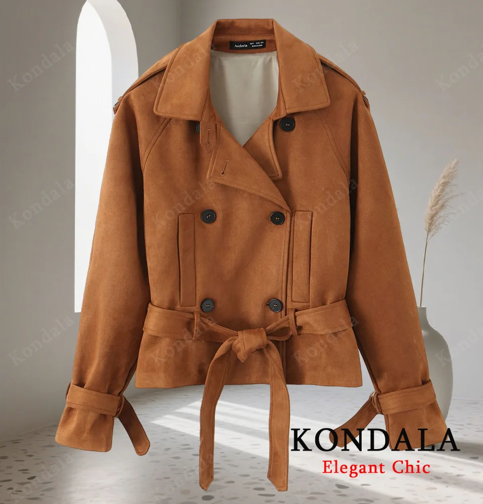 

KONDALA осенняя женская винтажная замшевая куртка, пальто с двубортным поясом, короткий плащ, осень-зима 202, модное женское пальто для поездок на работу
