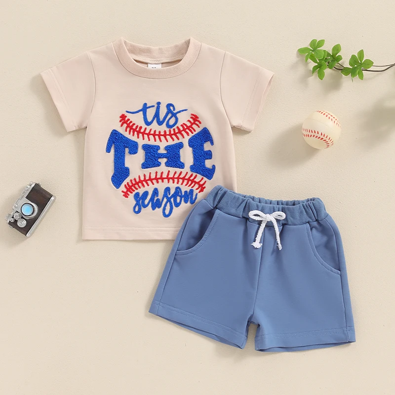 

AEEMCEM Toddler Baby Boy Girl Baseball Outfit Tis the Season Embroidery T-Shirt Top and Shorts Set Cute Summer Outfits