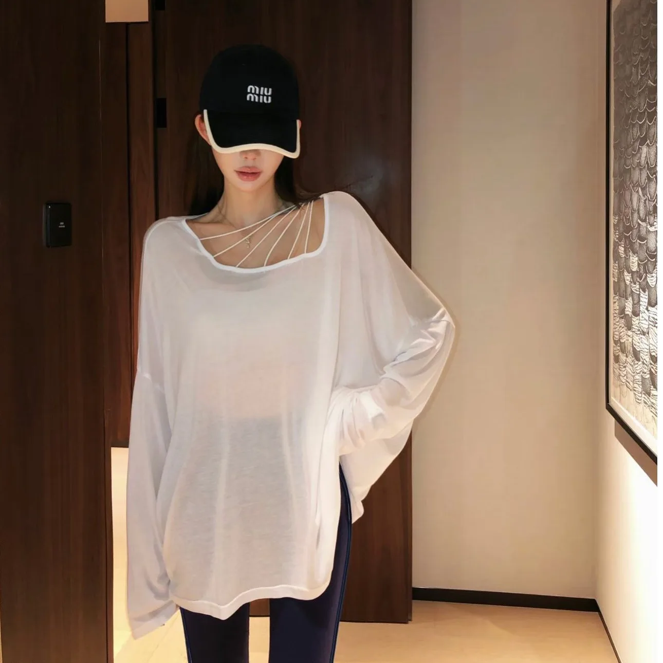 Autumn 2026 New Style Lotus Stem Thin Long Sleeve T-Shirt Loose Micro Translucent Pants Women's Fashion Set V-Neck Sleeveless