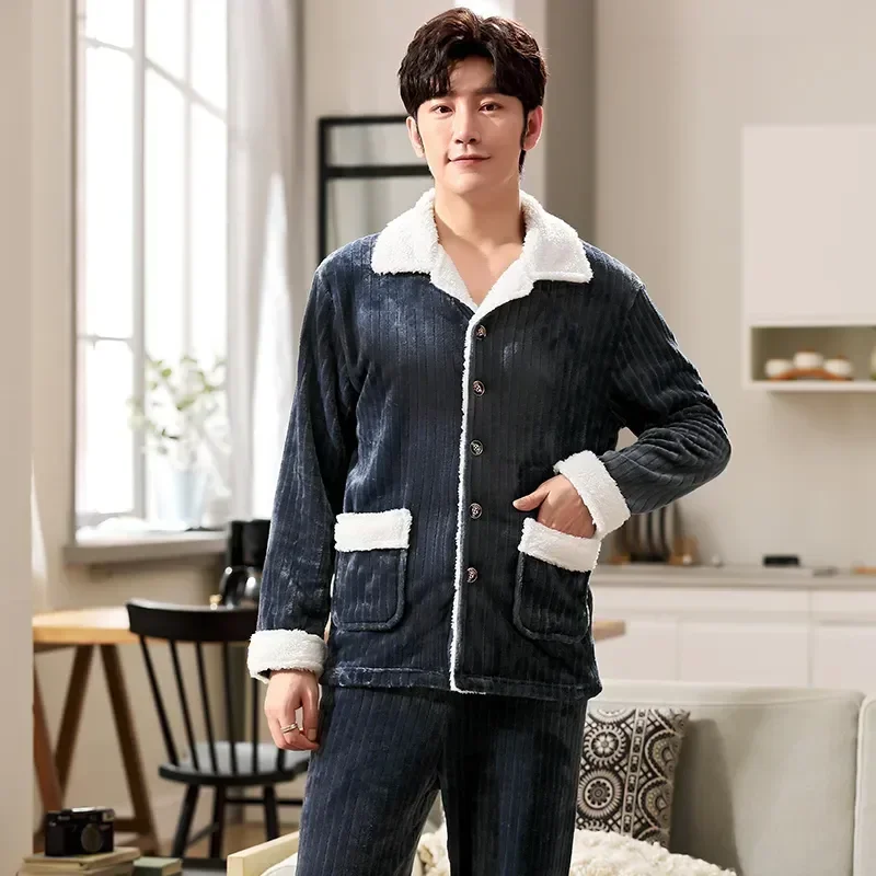 

Sleeve Men's Autumn Pyjamas Winter Sleepwear +pant Top Newest Long Pajamas Soft Warm Flannel Sets Male Thicken