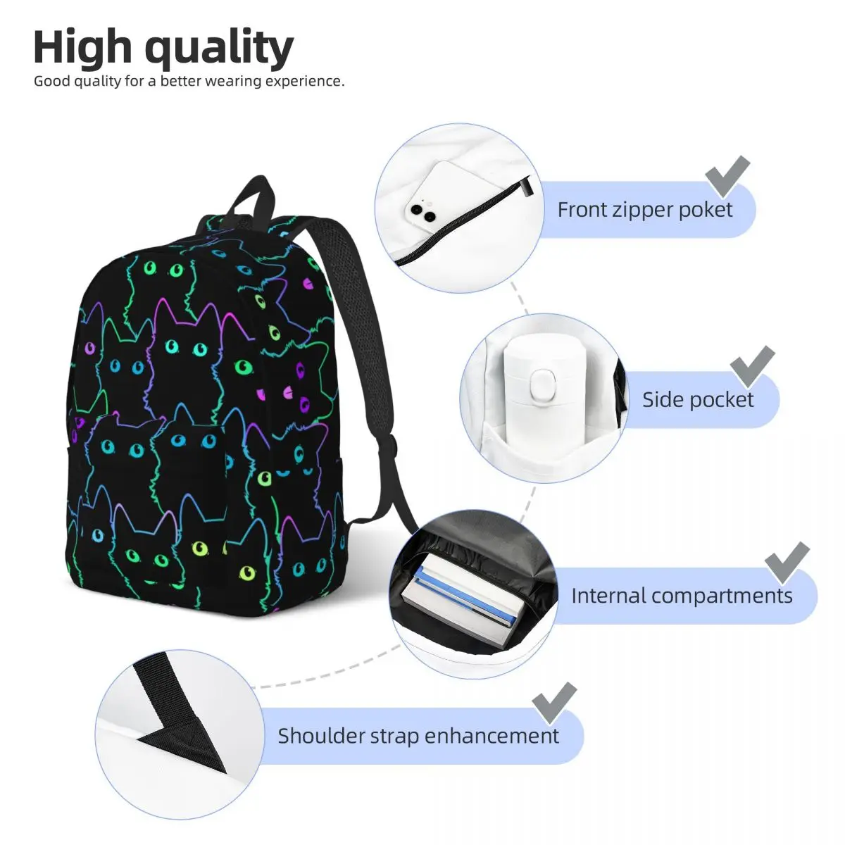 Mochila de lona gato preto para homens e mulheres, mochila de trabalho estudantil, sacos portáteis, presente de moda, fofo