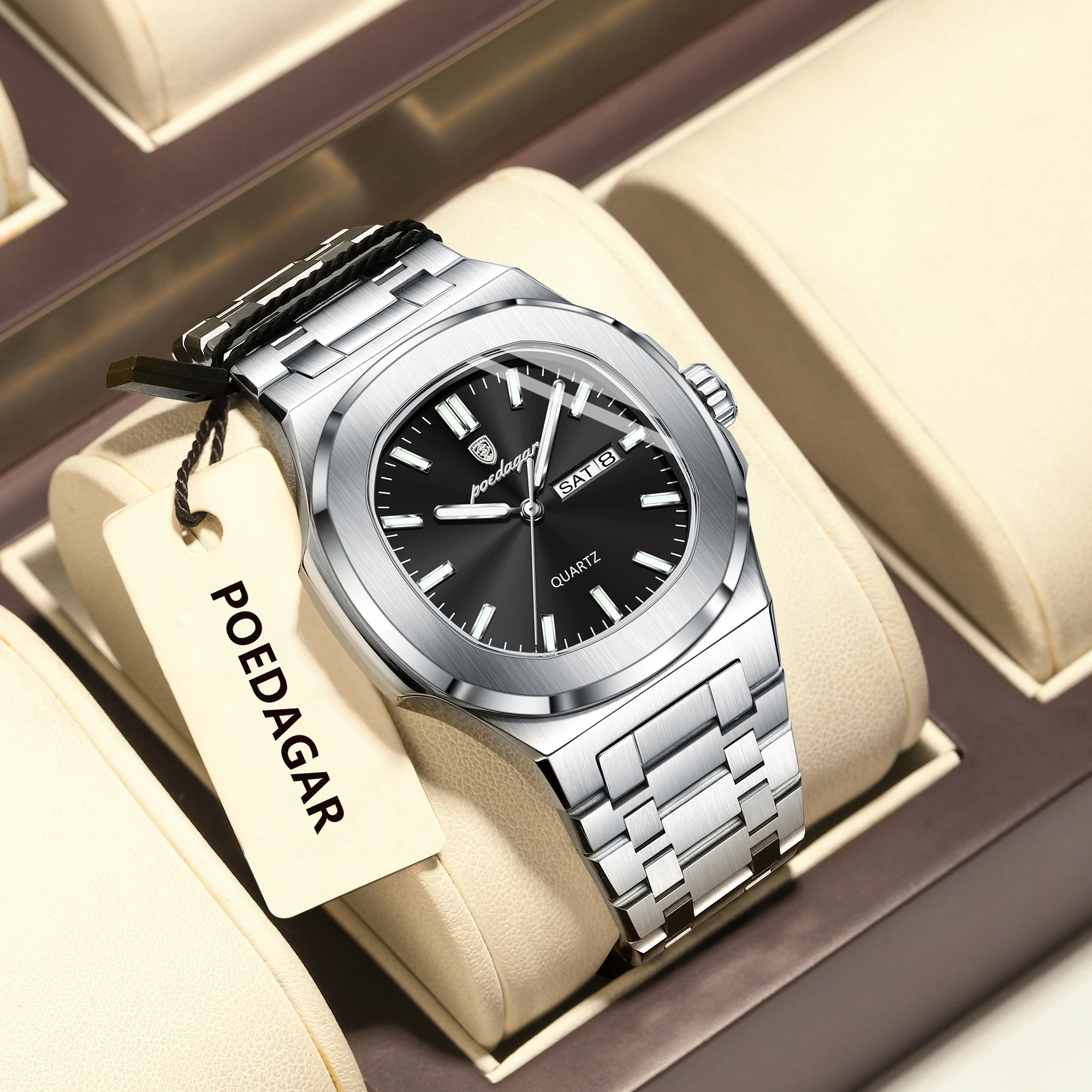 POEDAGAR العلامة التجارية الأصلية ساعة اليد الرجال مضيئة مقاوم للماء الفولاذ المقاوم للصدأ رجل ساعة تاريخ الأسبوع موضة فاخرة ساعات كوارتز رجالية