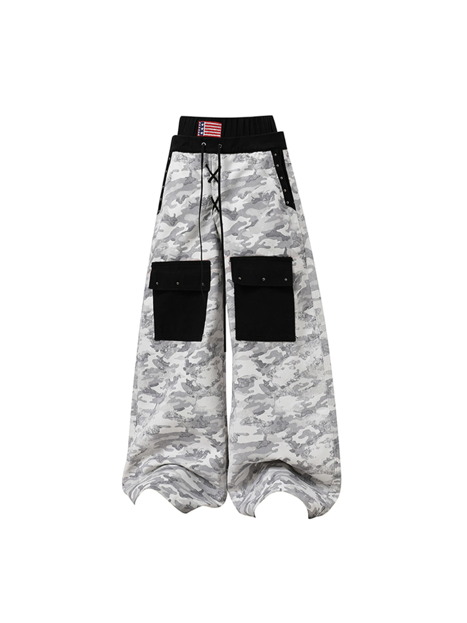 المرأة Y2K الشارع الشهير المتضخم فضفاض السراويل التمويه رمادي أبيض مع جيب أسود البضائع بنطلون عادية الهيب هوب سراويل أنيقة