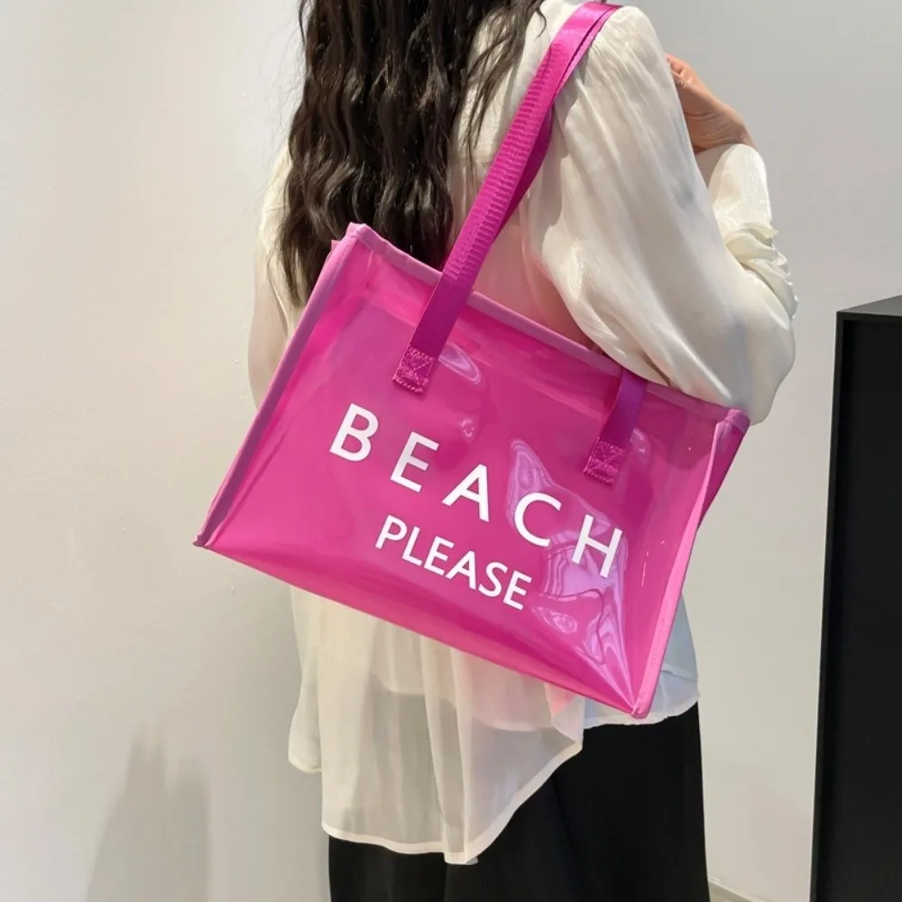 Fashion PVC Transparent Tote Bag Waterproof Zipper Jelly Handbag Reusable Cosmetic Bag Letter Shoulder Bag Beach