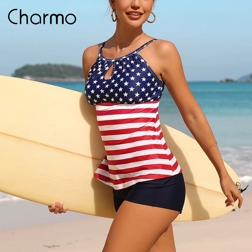 

Charmo Two Pieces Tankini Set For Women Retro Hollow Out V Neck Flag Print Swimsuit
